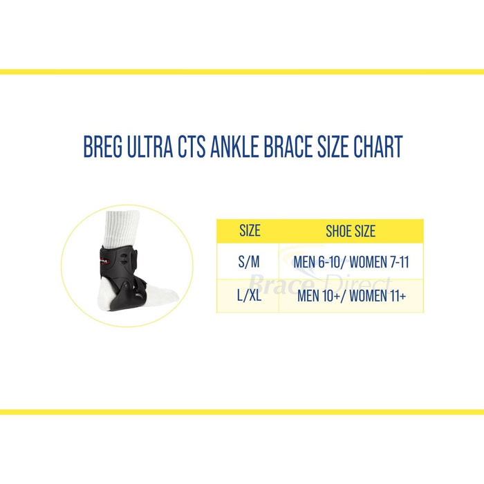 Breg Ultra CTS Ankle Recovery Support Brace size chart, by Brace Direct.