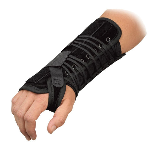Close-up of the Breg Universal Right Wrist Lacer Support Brace by Brace Direct, worn by a model.