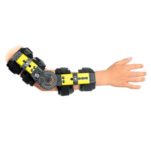 Side view of the Breg Pediatric Wee Bow Post-Op Elbow Brace by Brace Direct, worn by a model.