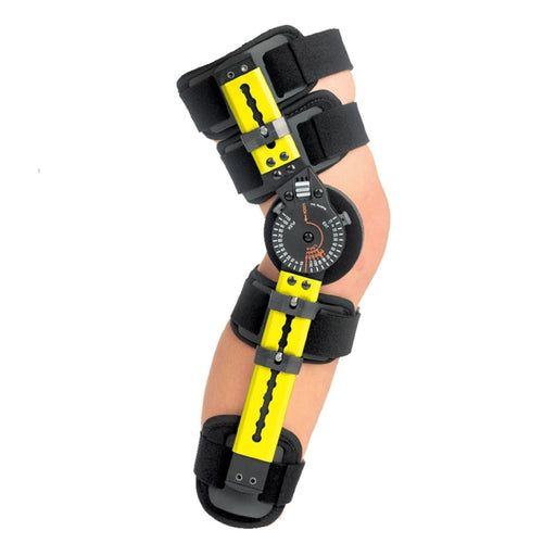 Side view of the Breg Pediatric Wee ROM Post-Op Knee Brace by Brace Direct, worn by a model.