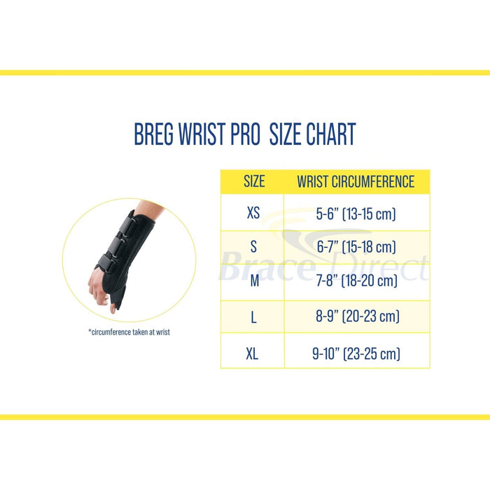 Breg Wrist and Thumb Spica Support Brace size chart, by Brace Direct.