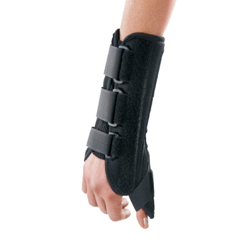 Close-up of the Breg Wrist and Thumb Spica Support Brace by Brace Direct, worn by a model.