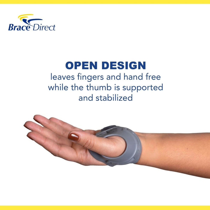 Infographic highlighting the open design of the CMC Osteoarthritis Thumb Ring Brace which supports and stabilizes the thumb.