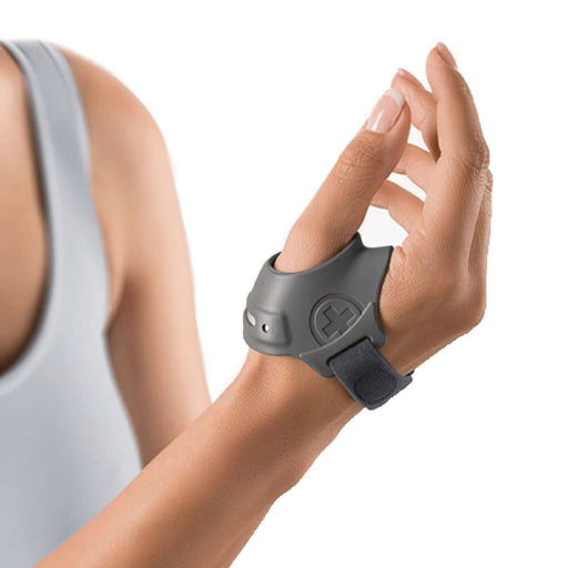 Close-up of the Bort CMC Osteoarthritis Thumb Ring Brace by Brace Direct, worn by a model.