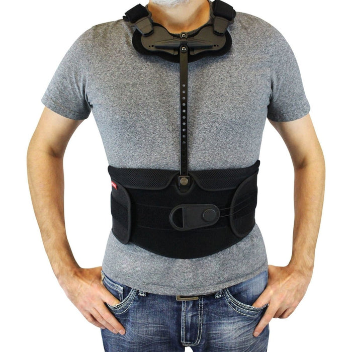 Front view of the Cybertech Full Back TLSO Brace for Spinal Support by Brace Direct, worn by a model.