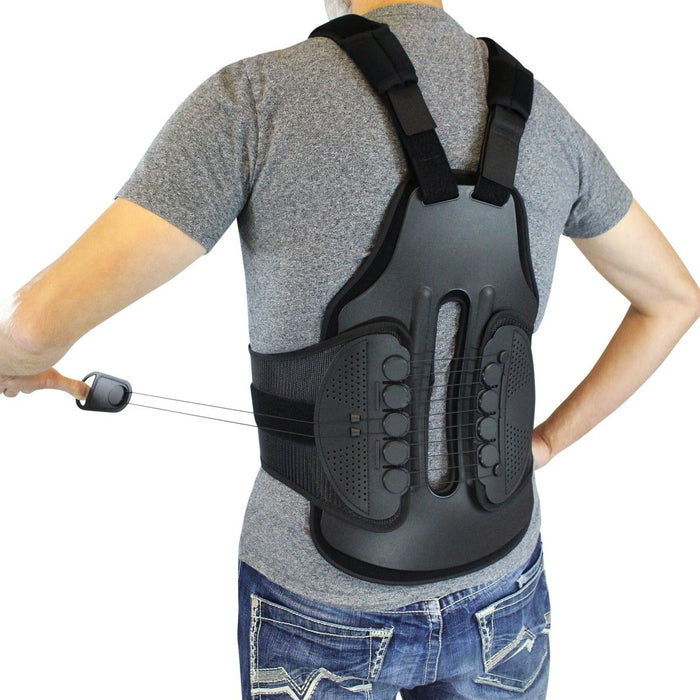 Male model demonstrating the easy pull tab system of the Cybertech Full Back TLSO Brace, by Brace Direct.