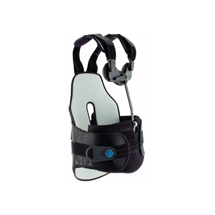 Side view of the Cybertech Full Back TLSO Brace for Spinal Support by Brace Direct, isolated on white.