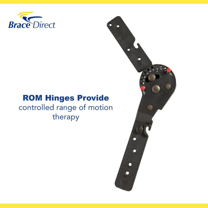 Detail of the OCSI AirPro elbow brace's ROM hinge, with controlled range of motion therapy.