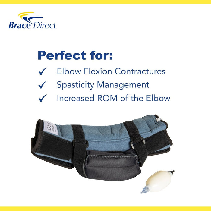 Infographic with uses for the OCSI AirPro elbow brace: elbow flexion contractures, spasticity management, increased ROM.