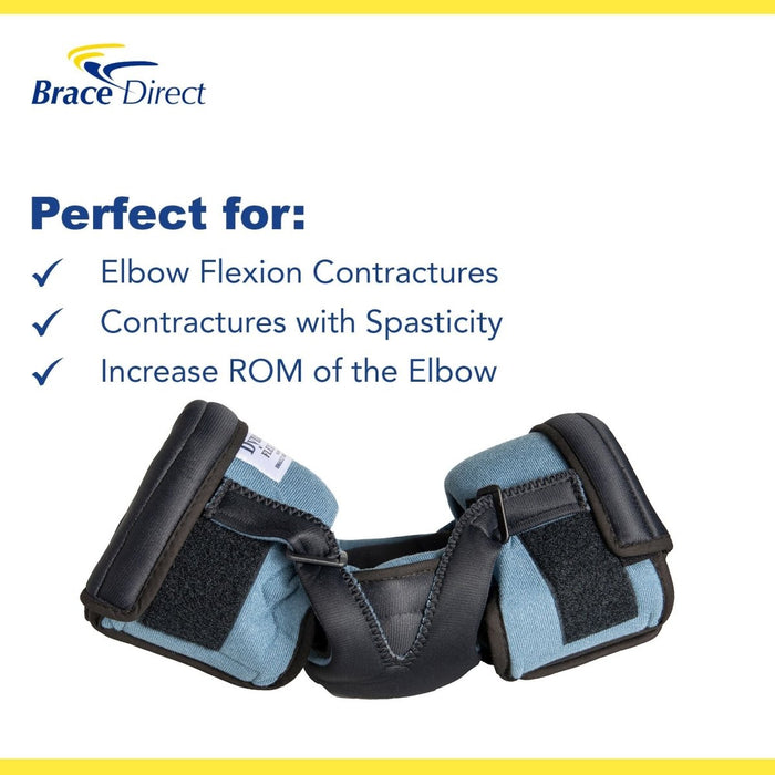 Infographic with uses for the OCSI DynaPro Flex elbow brace: elbow flexion contractures, and contractures with spasticity.
