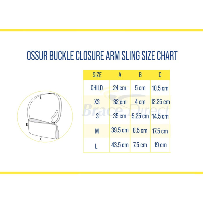 Ossur Arm Sling with Buckle Closure size chart, by Brace Direct.
