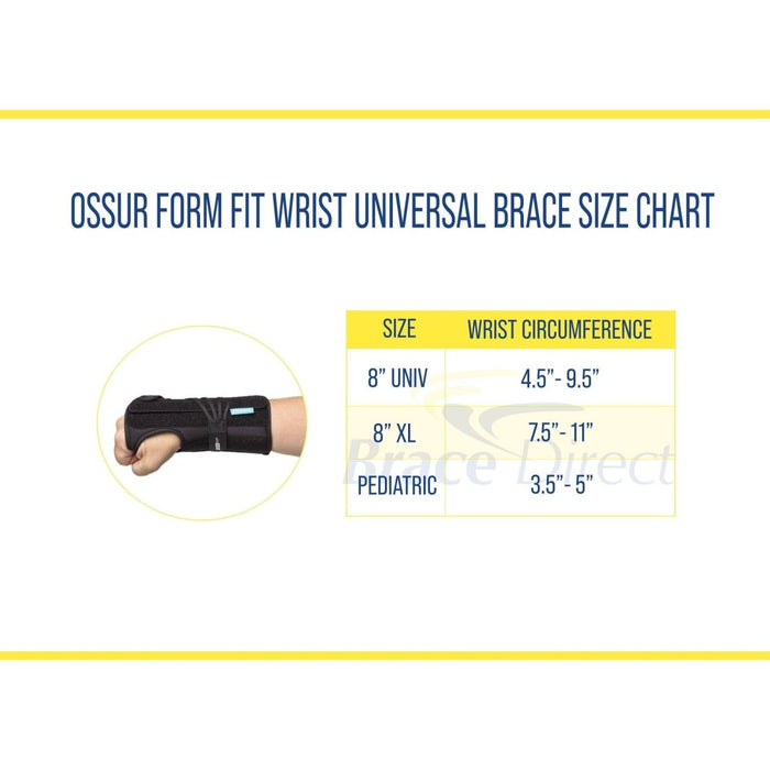 Ossur Form Fit Wrist Universal Brace size chart, by Brace DIrect.