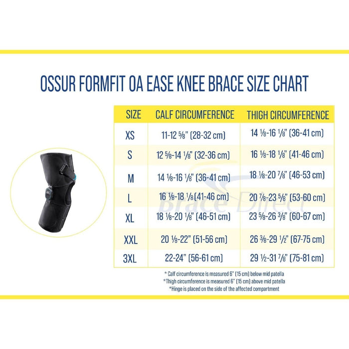 Ossur Formfit OA Ease Knee Osteoarthritis Brace size chart, by Brace Direct.