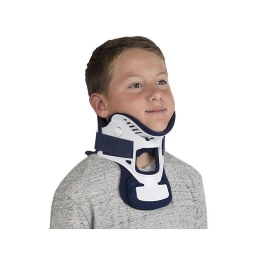 Close-up of the Ossur Miami Jr Pediatric Cervical Neck Brace by Brace Direct, worn by a model.