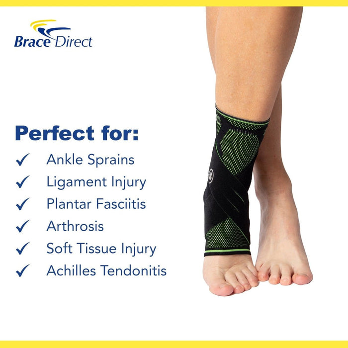 Infographic with uses for the TaloStabil Sport Ankle Compression Brace with Figure 8 Strap: ankle sprains, ligament injury.